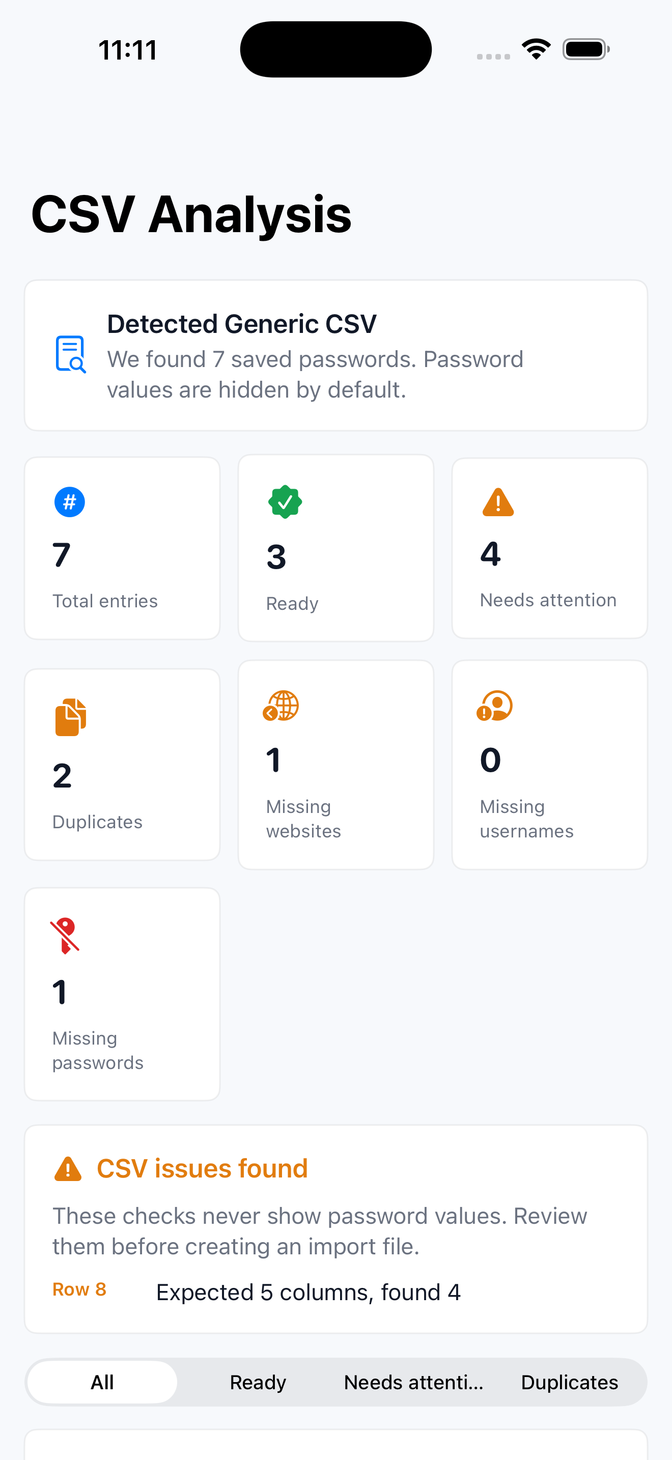Real PortaPass iPhone CSV analysis screen showing ready entries, warnings and duplicates, without showing password values