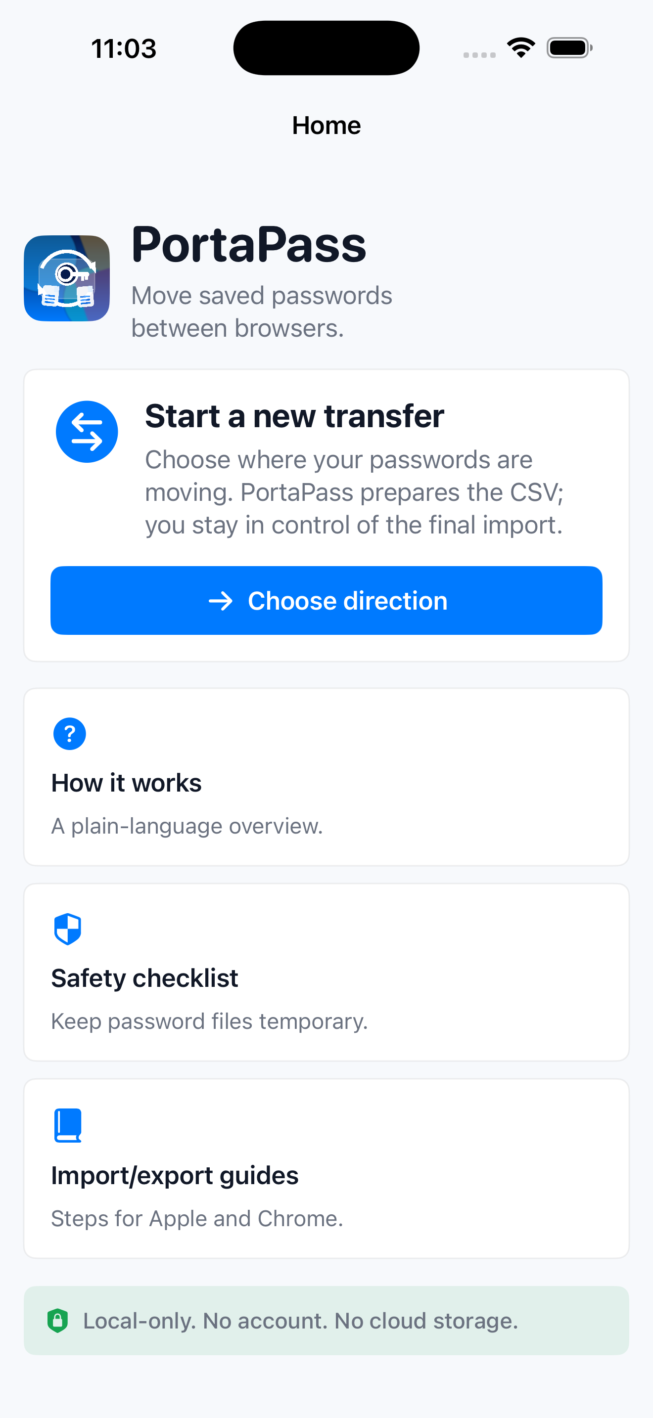 PortaPass home screen